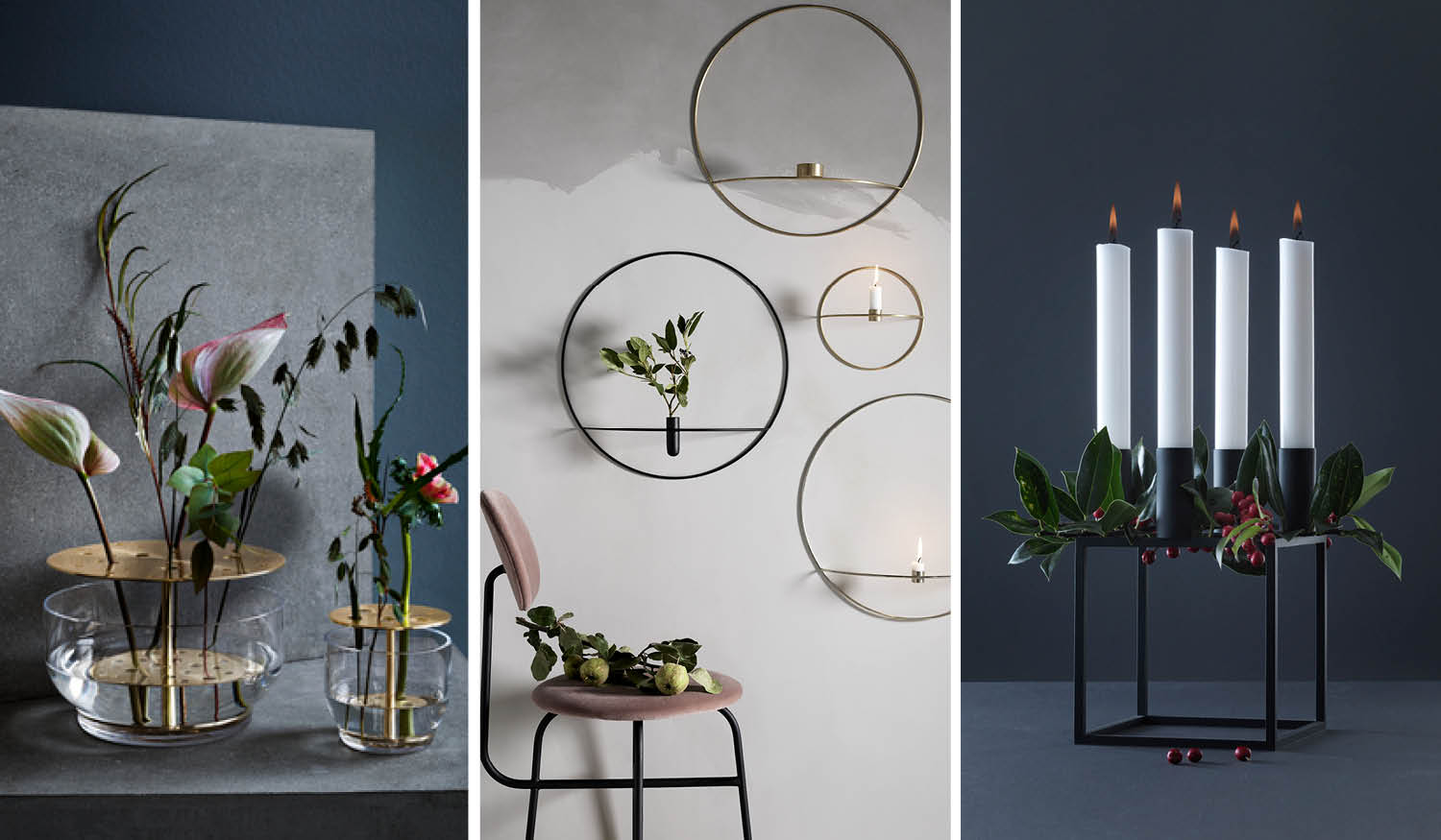 Miljøbilder av POV vegglysestake med blomster i, Kubus 4 lysestaken fra By Lassen og blomstervasen Ikebana i glass og messing fra Fritz Hansen