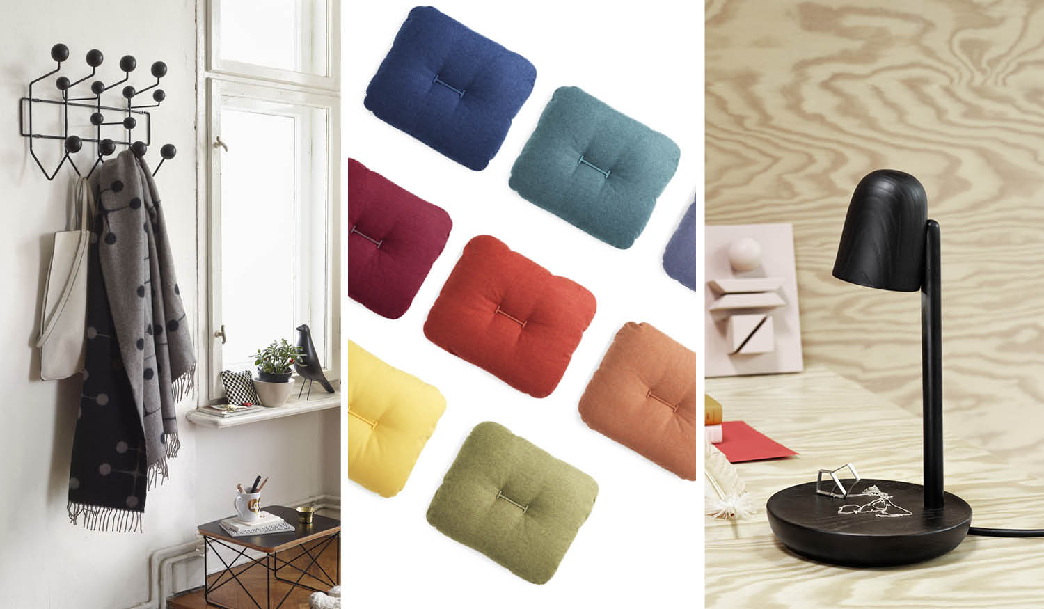 Miljøbilde av Hang it all knaggrekke fra Vitra, puten HI fra Normann Copenhagen og bordlampen Focus fra Muuto