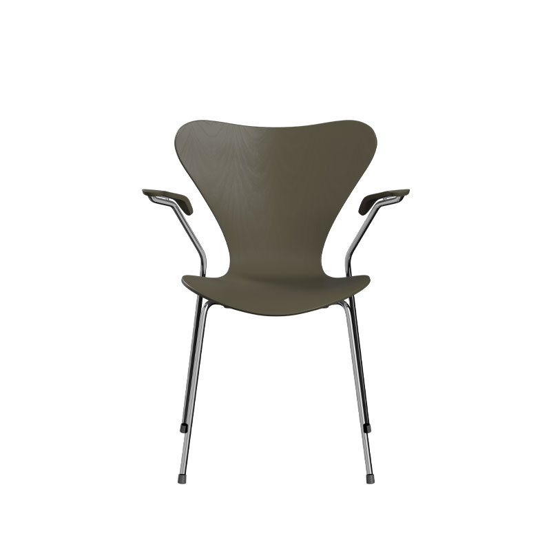 3107_Series_7_med_arm_Lakket_olive_green_krom_base_produktbilde_fra_fritz_hansen
