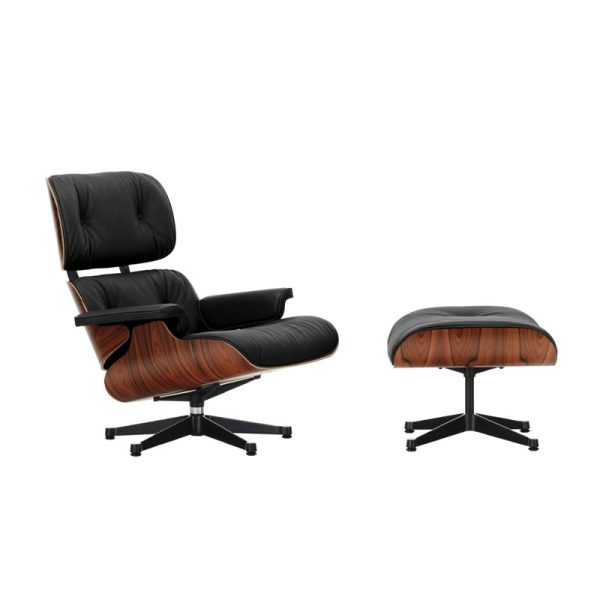 Eames lounge chair med ottoman I Santos palisander og letaher natural skinn i fargen nero fra vitra