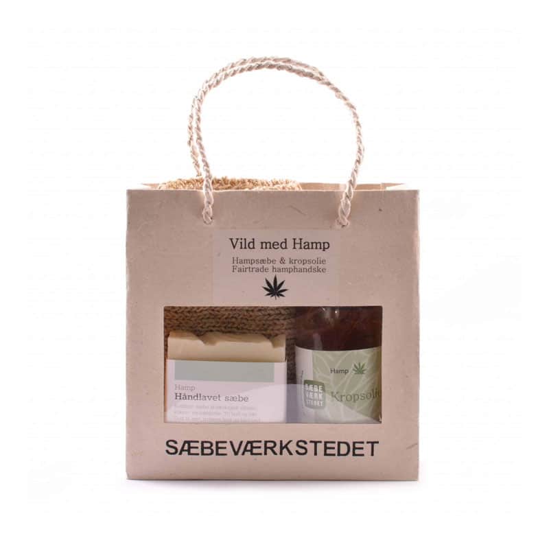 gavepose med hamphanske, kroppsolje og såpe fra Sæbeverkstedet