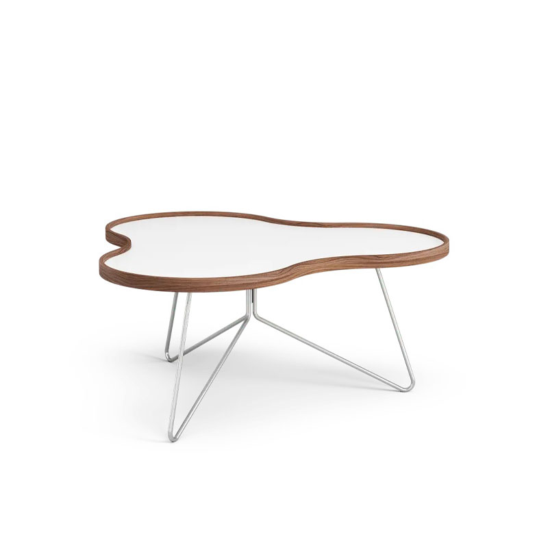 Flower sofabord 90x84 cm med hvit laminat bordplate med lakket valnøtt kant og krom bein