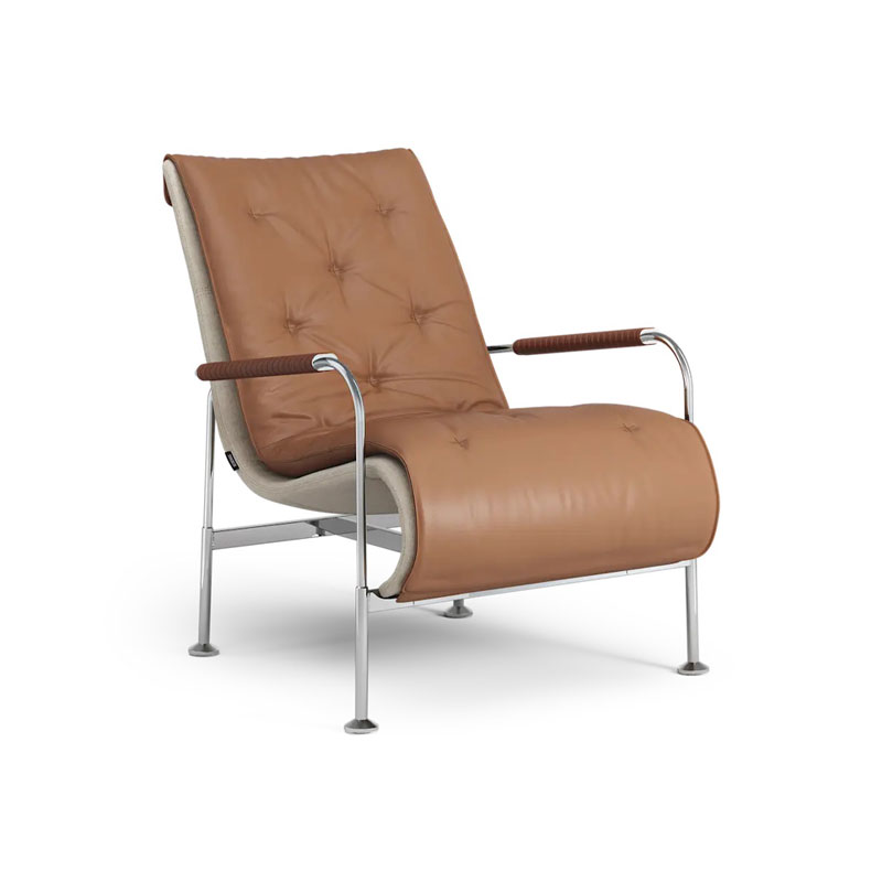 Serpentine lenestol med cognac skinn og lintxekstil bak, armlener i cognac og ramme i chrome