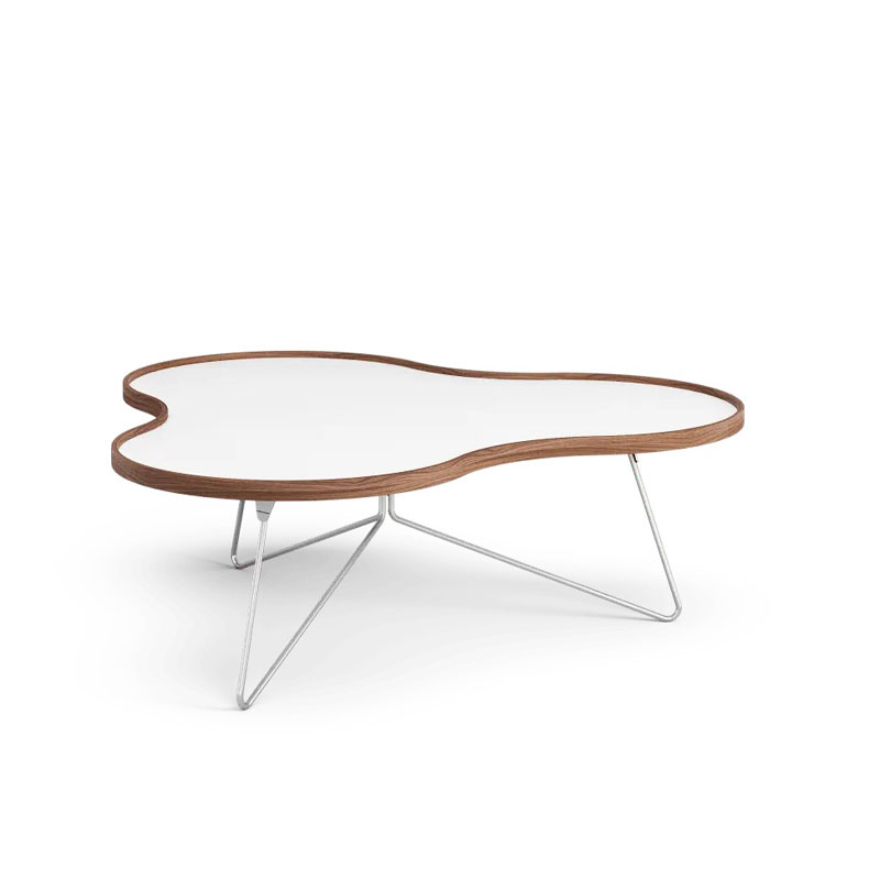 flower sofabord 114x107 cm med hvit laminat plate med lakket valnøtt kant og krom bein